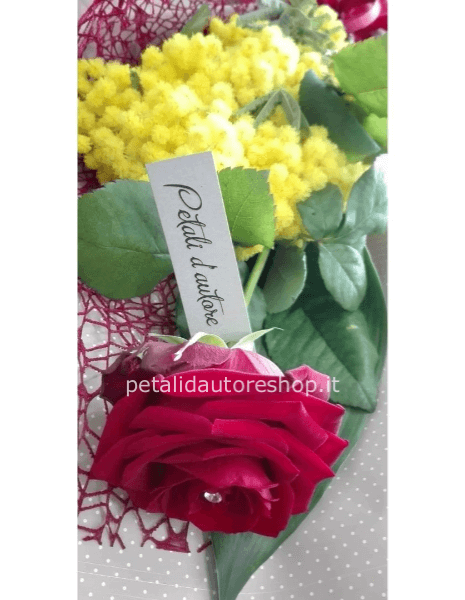 Rosa singola con mimosa