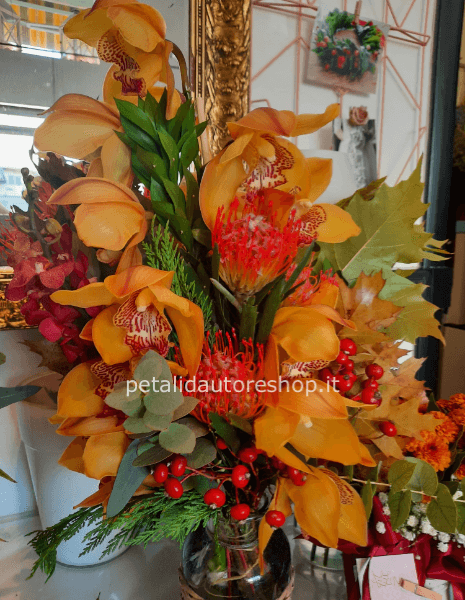 Mazzo per colombaio con cymbidium verde/giallo/arancio